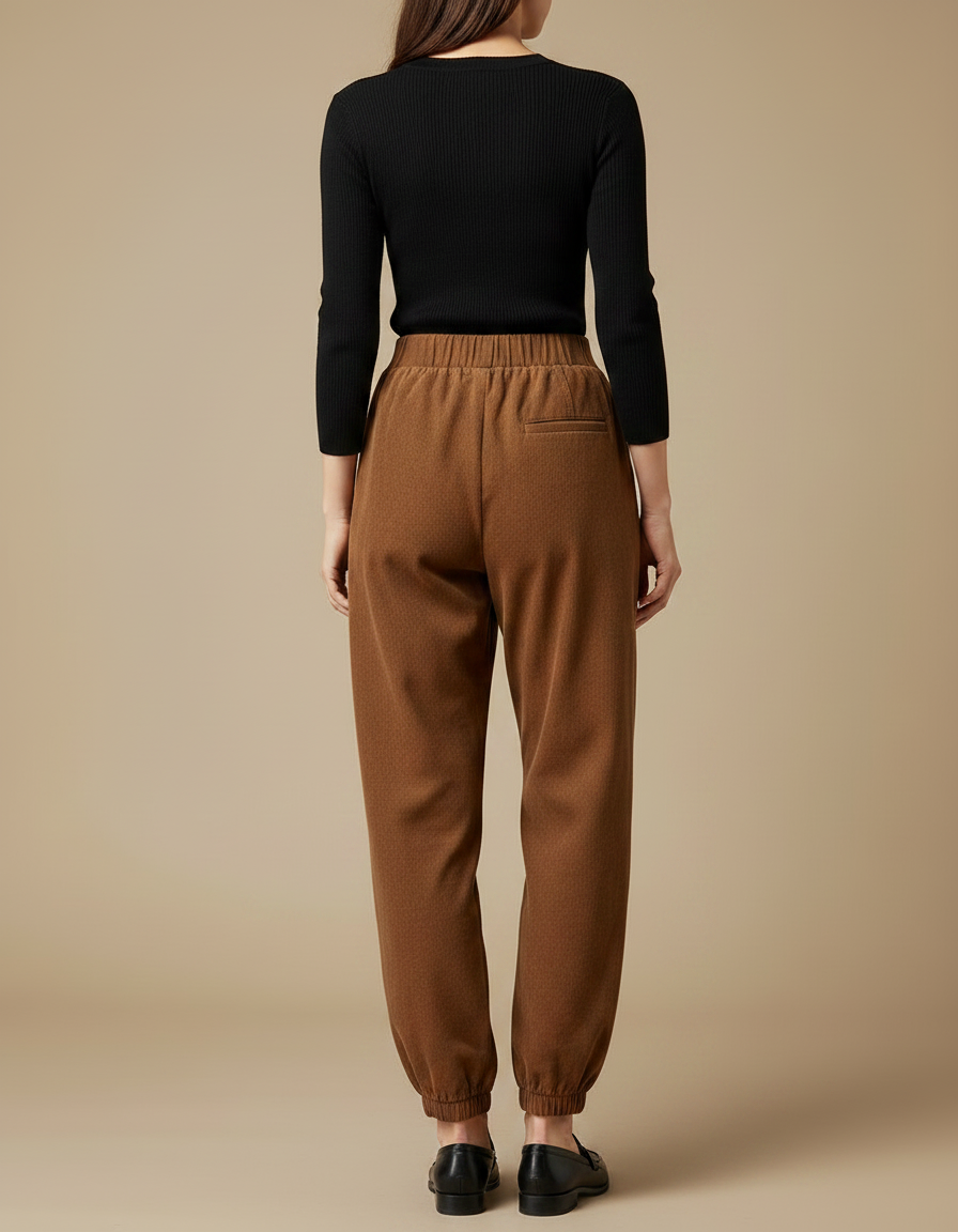 Pantalon Fluide Marron Ample Taille Élastique Hiver - Cordé - vue 2