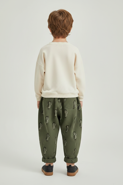Pantalon Fluide Vert Motif Pingouin Ample Coton Enfant - Kaki - vue 2
