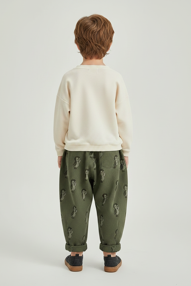 Pantalon Fluide Vert Motif Pingouin Ample Coton Enfant - Kaki - vue 2
