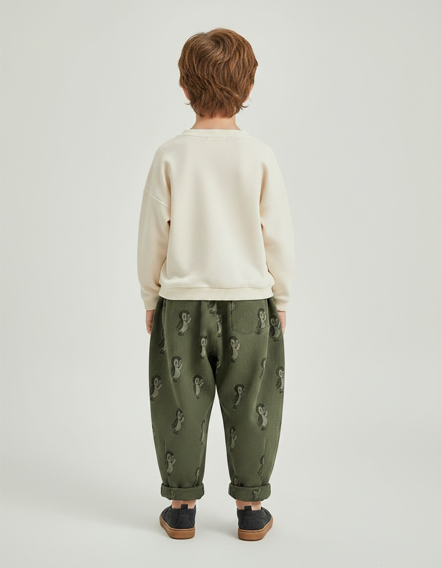 Pantalon Fluide Vert Motif Pingouin Ample Coton Enfant - Kaki - vue 2