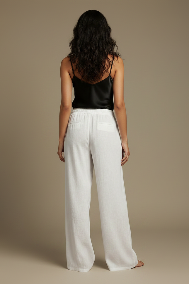 Pantalon Fluide Blanc Ample Lin Cordon Décontracté - vue 2