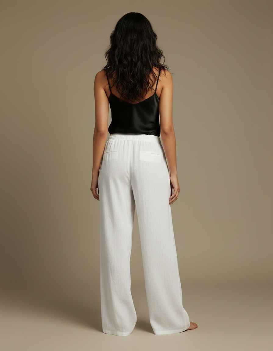 Pantalon Fluide Blanc Ample Lin Cordon Décontracté - vue 2