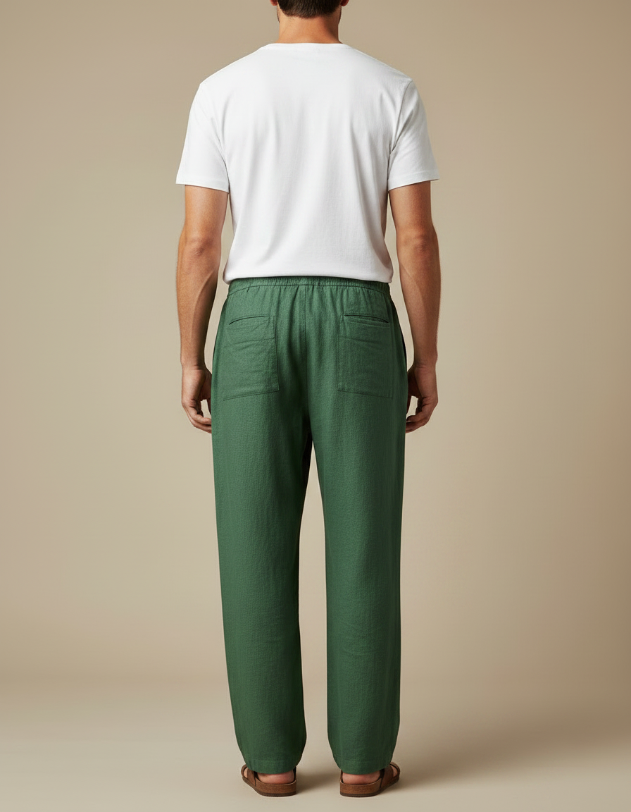 Pantalon Fluide Vert Lin Ample Décontracté Homme - vue 2