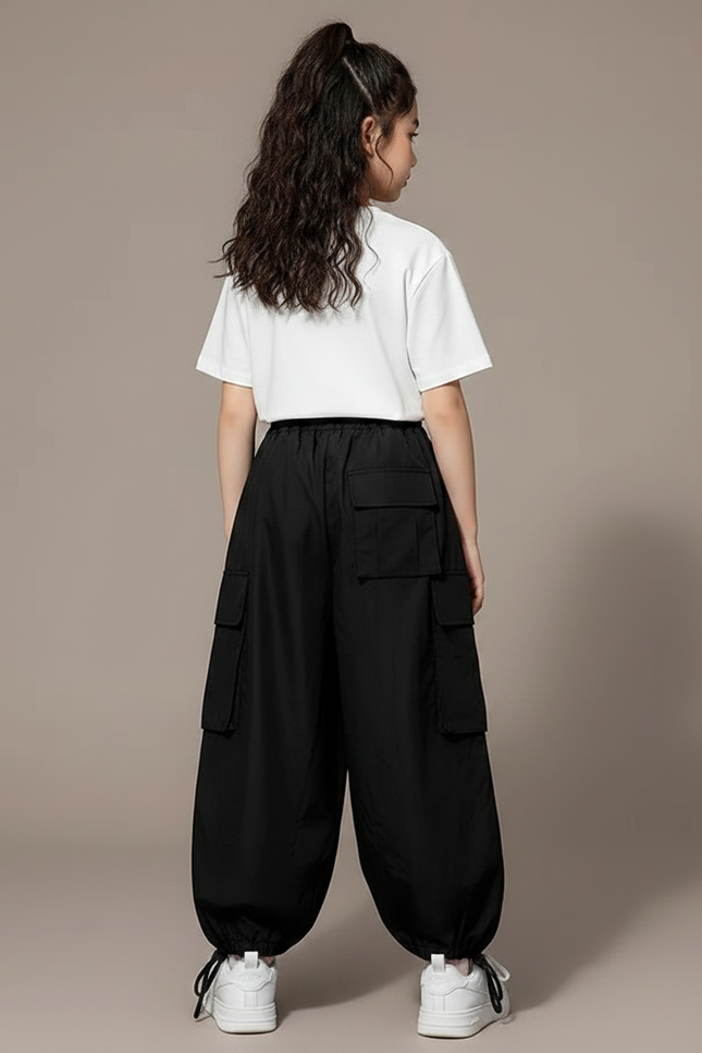 Pantalon Fluide Noir Ample Cargo Enfant Streetwear - Polyester - vue 2
