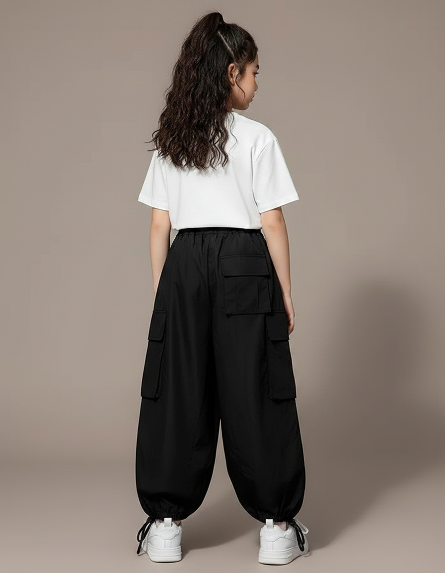 Pantalon Fluide Noir Ample Cargo Enfant Streetwear - Polyester - vue 2