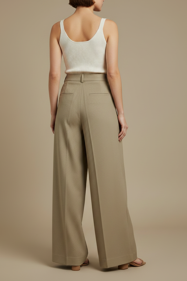Pantalon Fluide Beige Plissé Ample Chic Élégant - Kaki Gabardine - vue 2