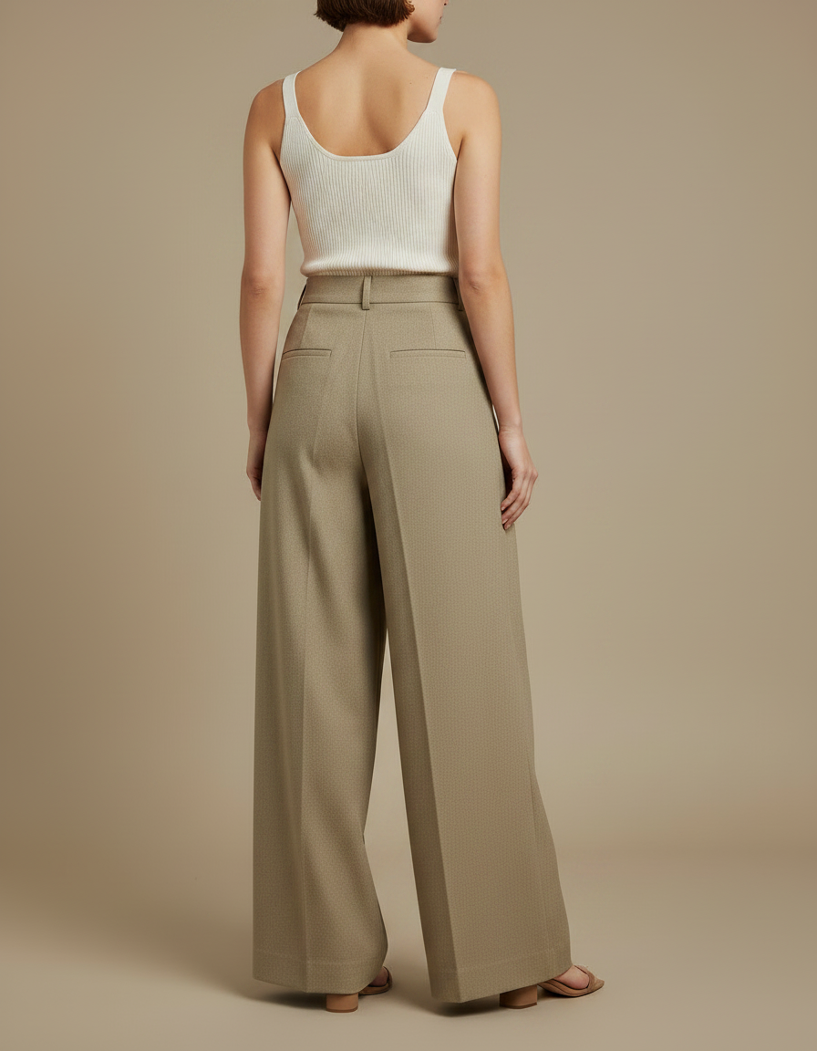Pantalon Fluide Beige Plissé Ample Chic Élégant - Kaki Gabardine - vue 2