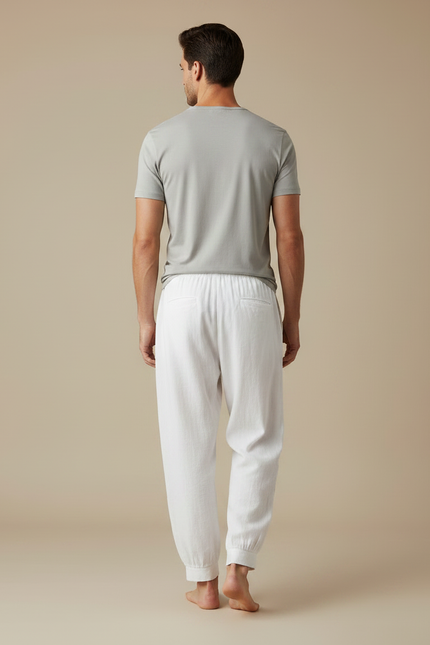 Pantalon Fluide Blanc Brodé Ample Coton Homme - Lin - vue 2