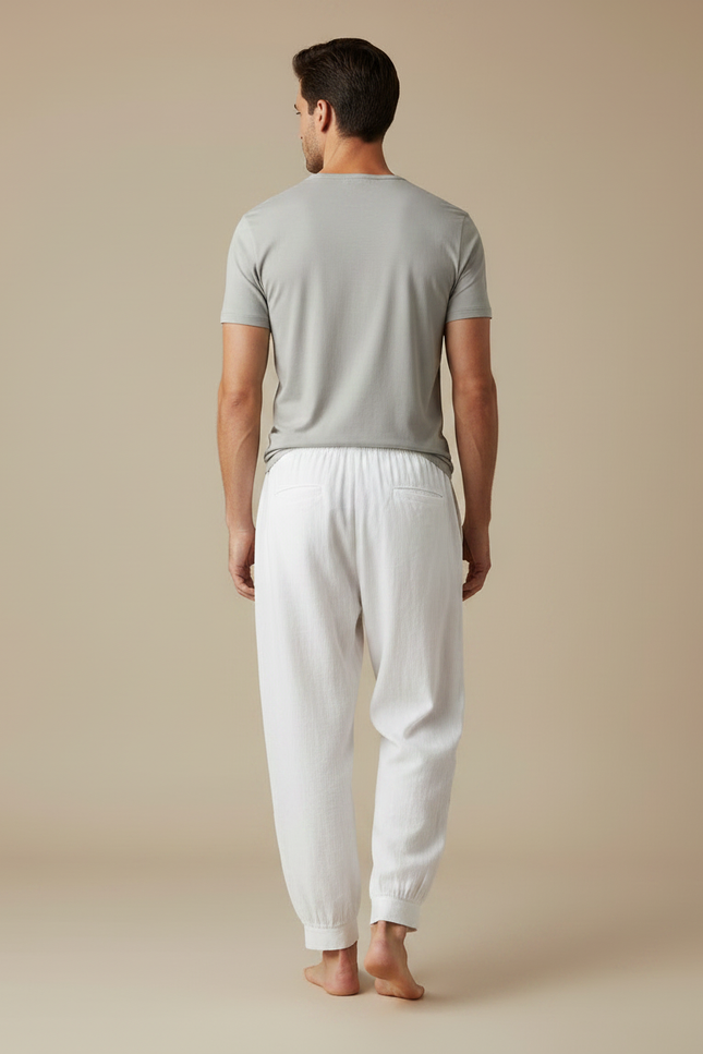 Pantalon Fluide Blanc Brodé Ample Coton Homme - Lin - vue 2