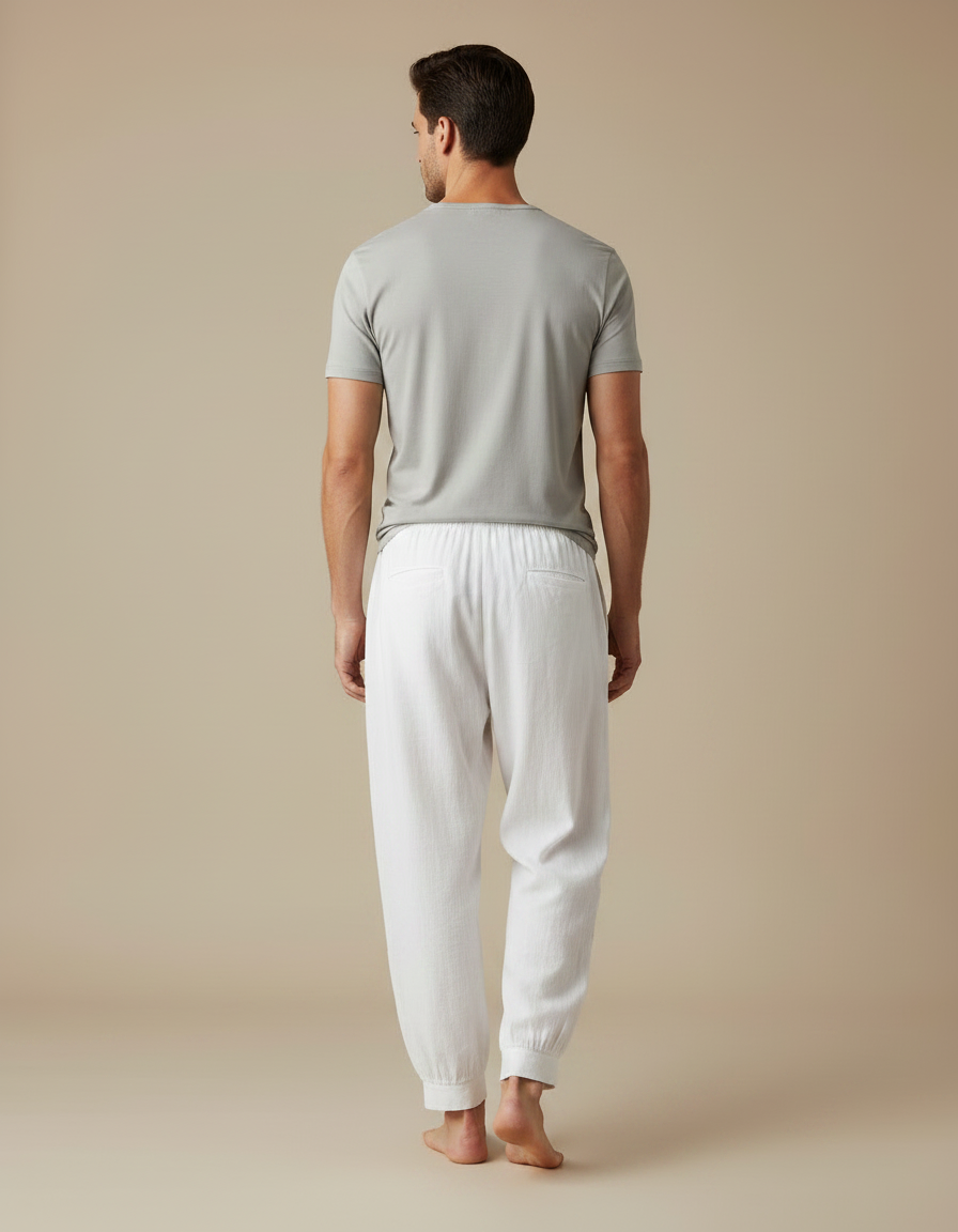 Pantalon Fluide Blanc Brodé Ample Coton Homme - Lin - vue 2