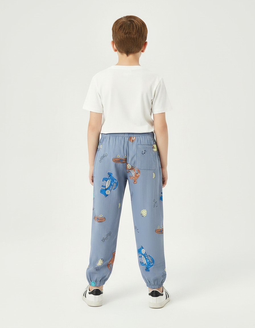 Pantalon Fluide Bleu Ciel Ample Dinosaure Coton - vue 2