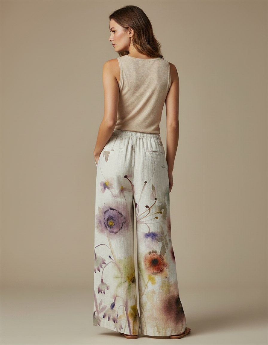 Pantalon Fluide Imprimé Floral Ample Lin Décontracté - Multicolore - vue 2