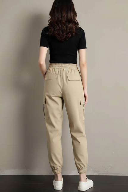 Pantalon Fluide Cargo Kaki Taille Haute Décontracté - Polyester - vue 2
