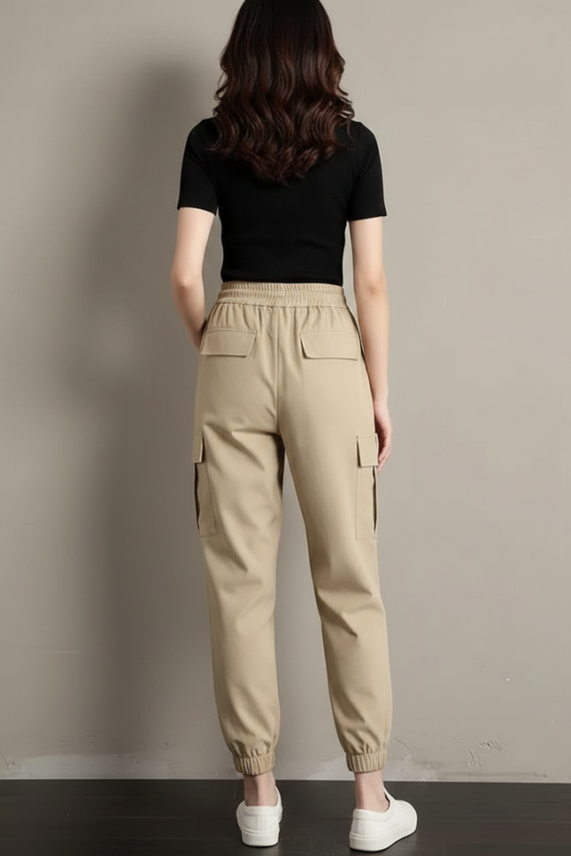 Pantalon Fluide Cargo Kaki Taille Haute Décontracté - Polyester - vue 2