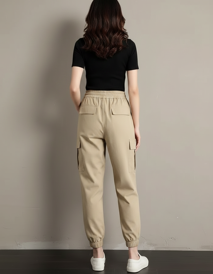 Pantalon Fluide Cargo Kaki Taille Haute Décontracté - Polyester - vue 2