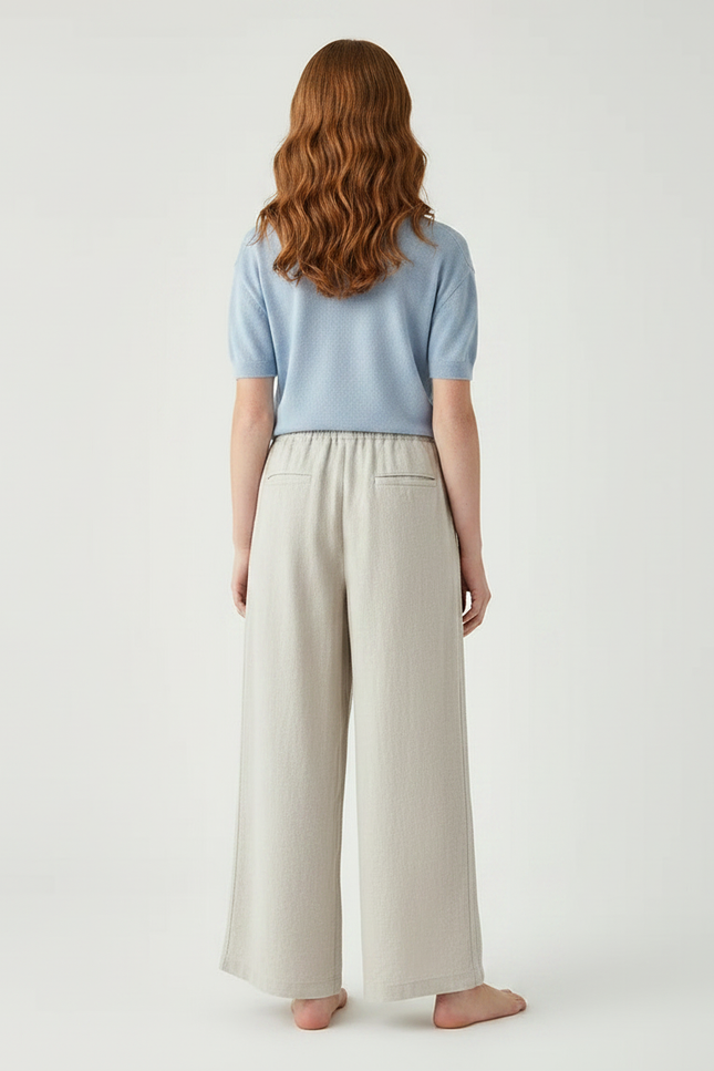 Pantalon Fluide Beige Large Taille Élastique Femme - Lin - vue 2