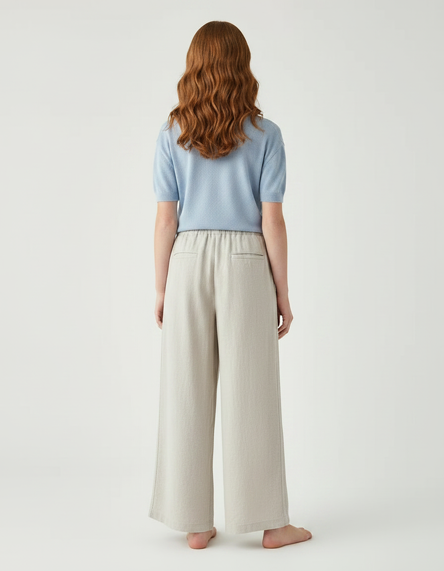 Pantalon Fluide Beige Large Taille Élastique Femme - Lin - vue 2