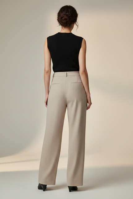 Pantalon Fluide Beige Ample Taille Haute Droit Élégant - Polyester - vue 2