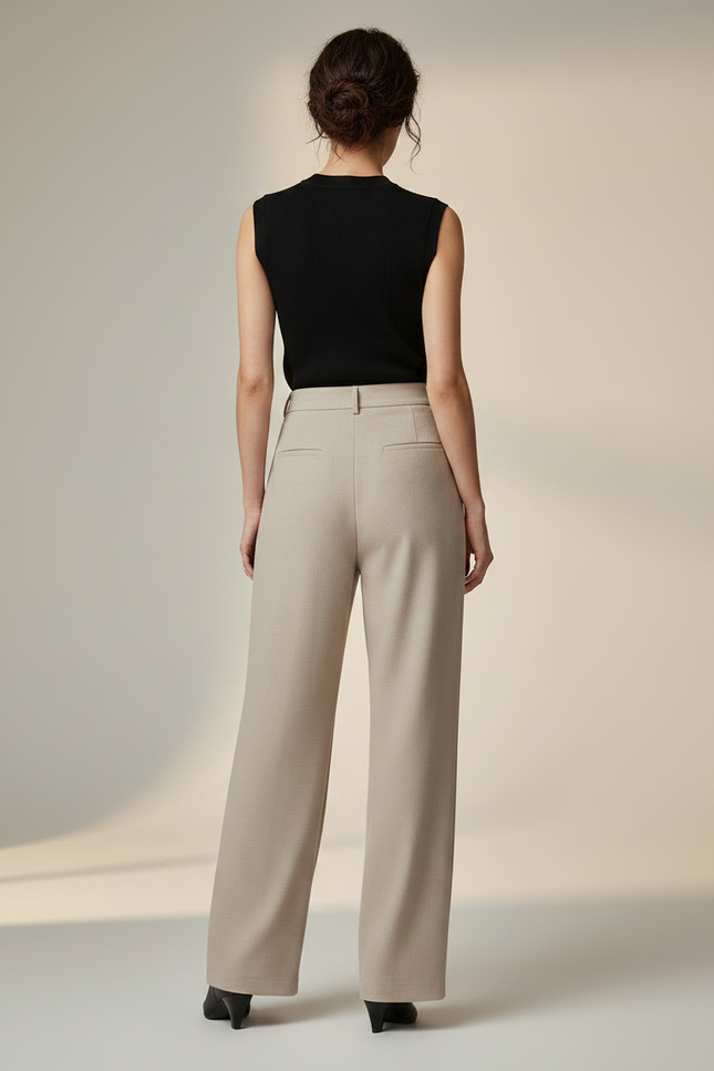 Pantalon Fluide Beige Ample Taille Haute Droit Élégant - Polyester - vue 2