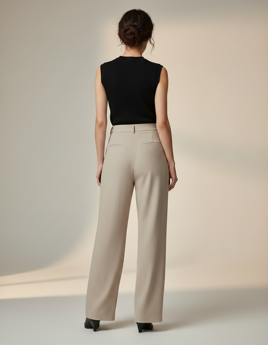Pantalon Fluide Beige Ample Taille Haute Droit Élégant - Polyester - vue 2