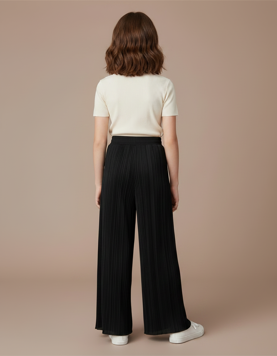 Pantalon Fluide Noir Plissé Ample Fille Décontracté - Polyester - vue 2
