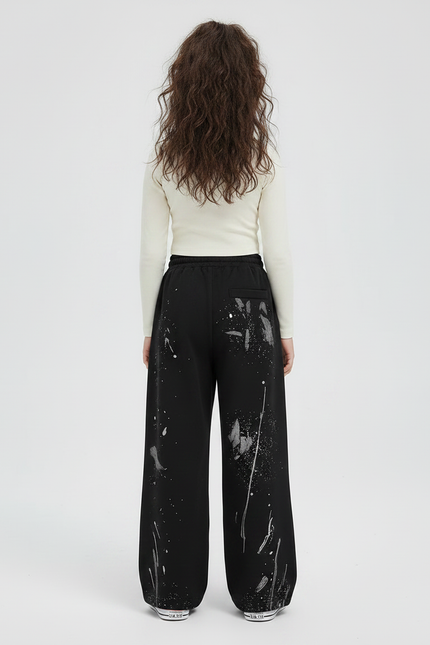 Pantalon Fluide Noir Ample Peinture Éclaboussures Décontracté - Molleton - vue 2