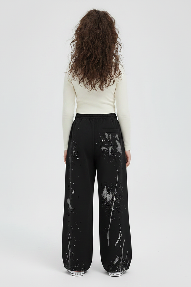 Pantalon Fluide Noir Ample Peinture Éclaboussures Décontracté - Molleton - vue 2