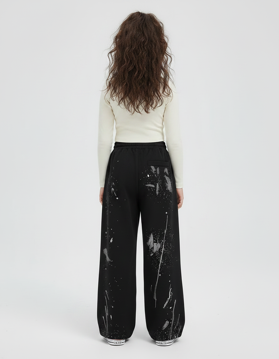 Pantalon Fluide Noir Ample Peinture Éclaboussures Décontracté - Molleton - vue 2