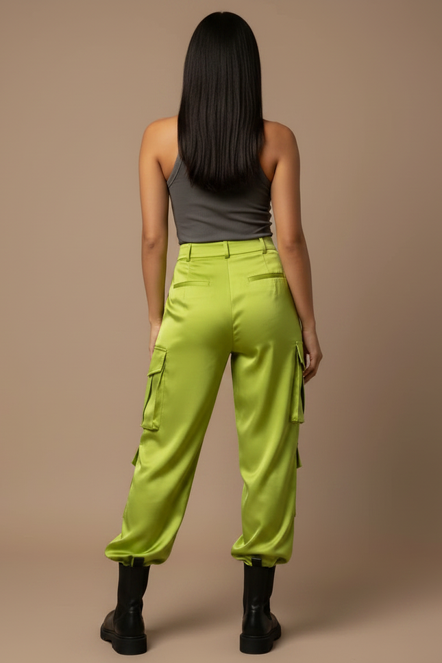 Pantalon Fluide Vert Citron Satiné Cargo Femme - vue 2
