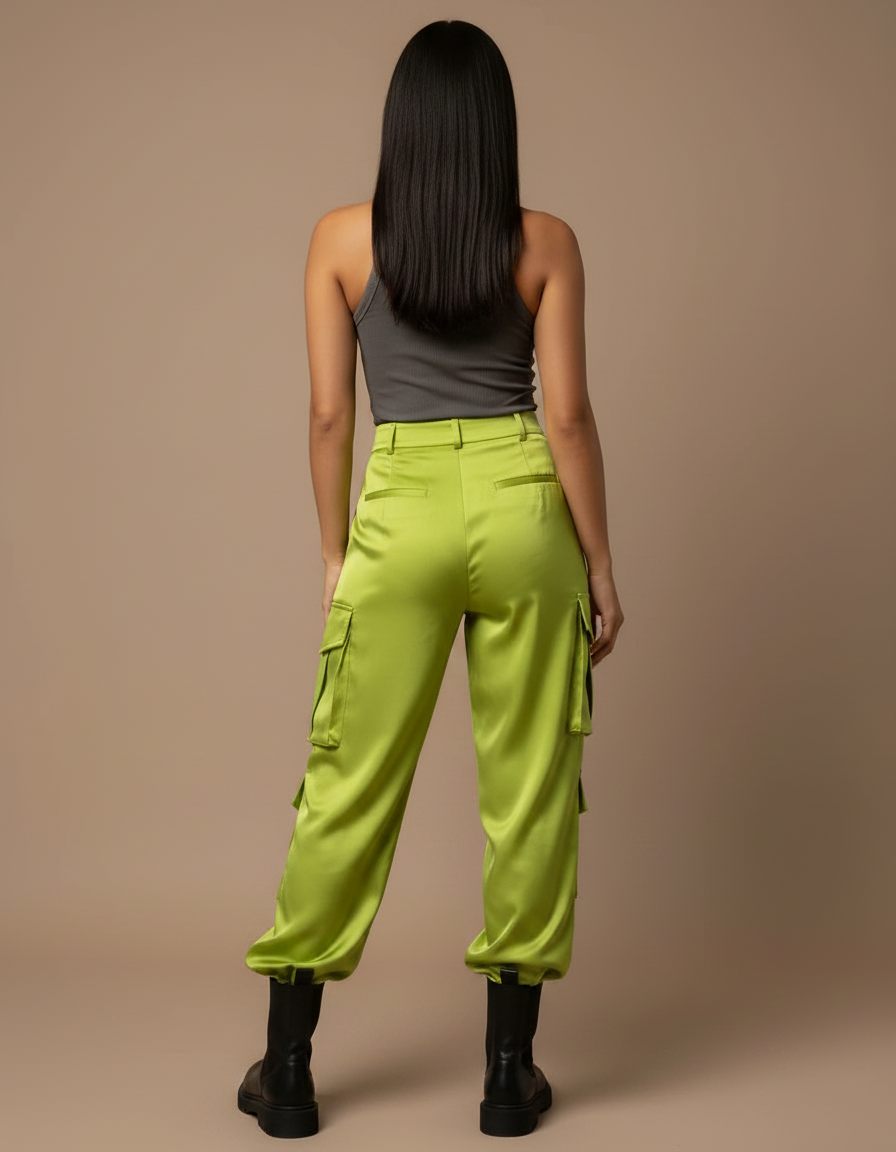 Pantalon Fluide Vert Citron Satiné Cargo Femme - vue 2