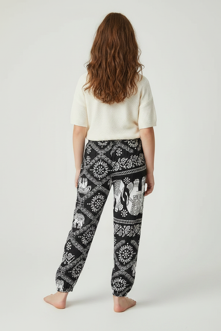 Pantalon Fluide Noir Ample Motif Éléphants Fille - Viscose - vue 2