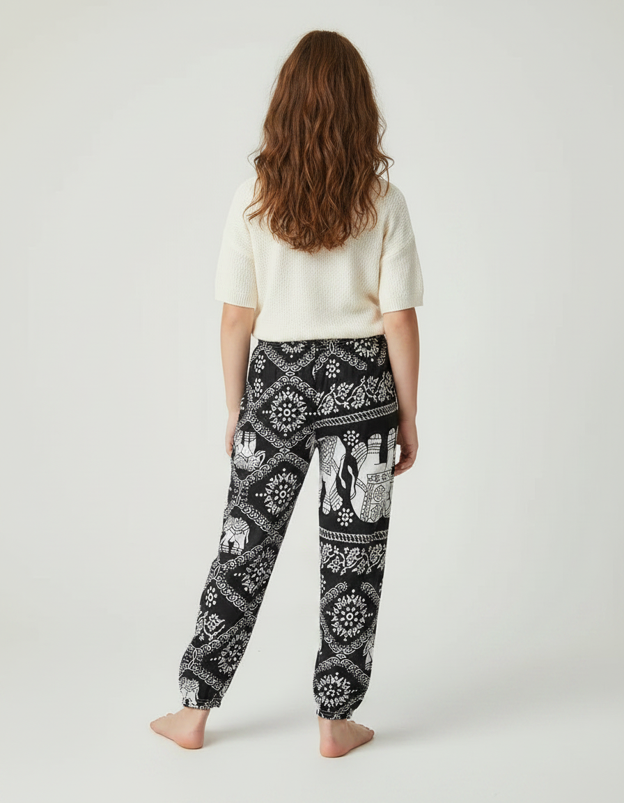 Pantalon Fluide Noir Ample Motif Éléphants Fille - Viscose - vue 2