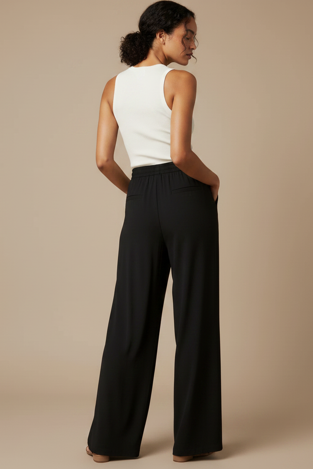 Pantalon Fluide Noir Ample Droit Taille Élastique Décontracté - Viscose - vue 2