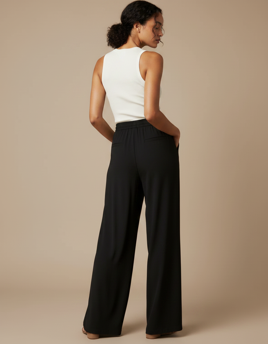 Pantalon Fluide Noir Ample Droit Taille Élastique Décontracté - Viscose - vue 2