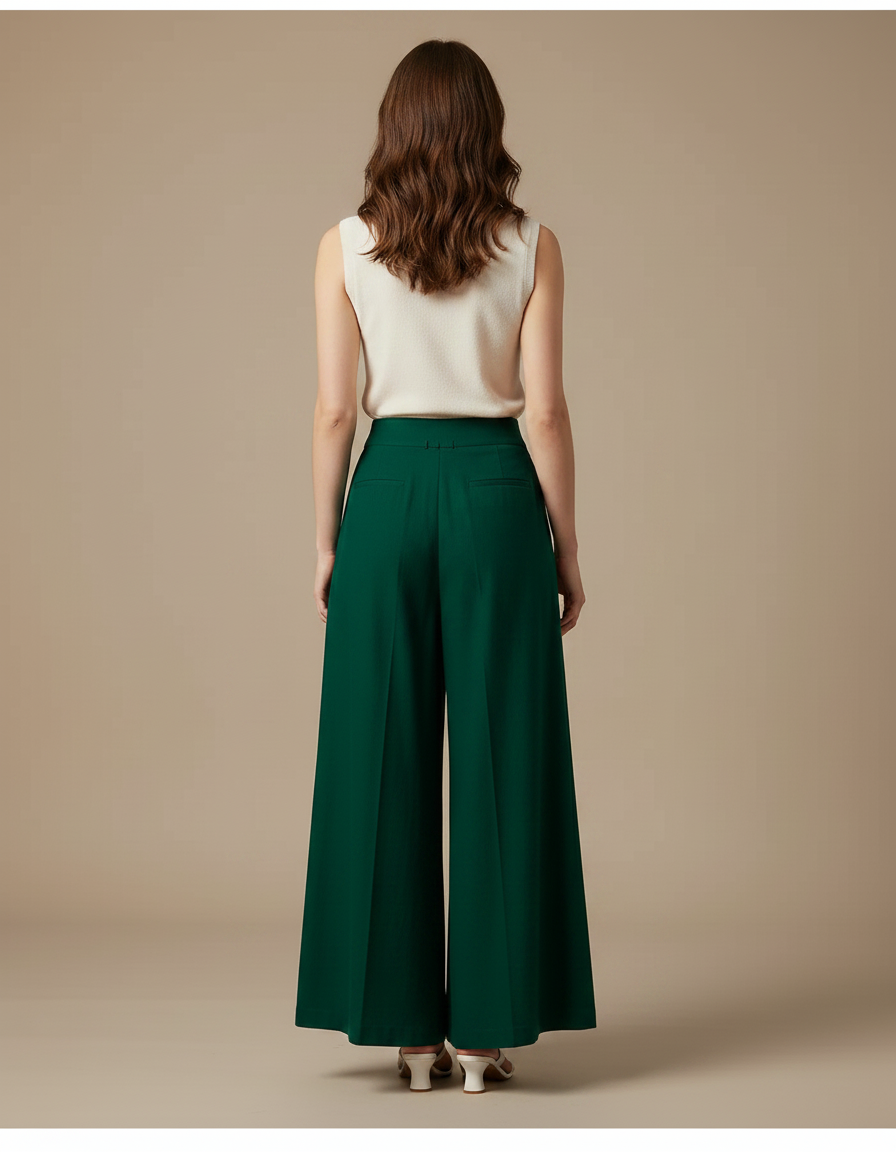 Pantalon Fluide Vert Émeraude Ample Taille Haute - Viscose - vue 2