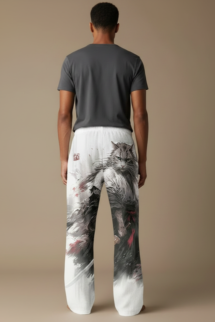 Pantalon Fluide Blanc Ample Imprimé Chat Samouraï - Lin - vue 2