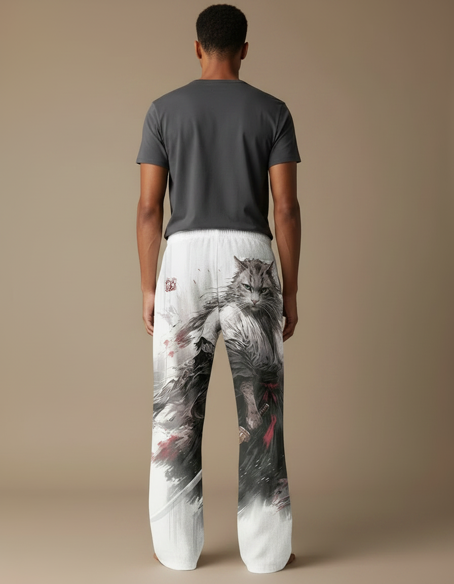 Pantalon Fluide Blanc Ample Imprimé Chat Samouraï - Lin - vue 2