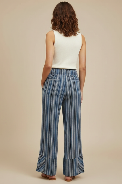Pantalon Fluide Rayé Bleu Ample Décontracté Femmes - Maille - vue 2