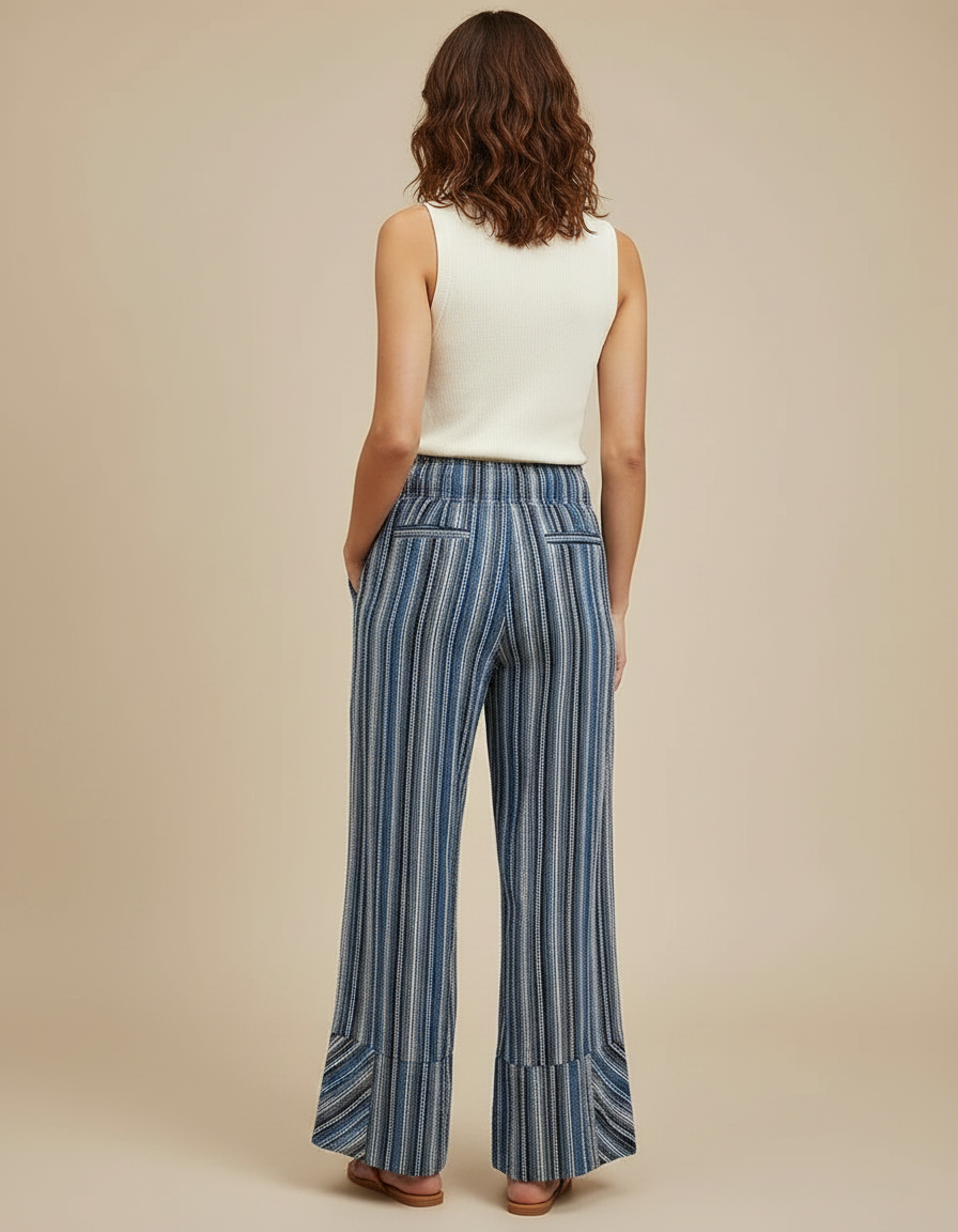 Pantalon Fluide Rayé Bleu Ample Décontracté Femmes - Maille - vue 2