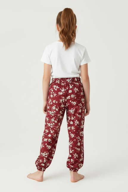 Pantalon Fluide Fille Fleuri Rouge Ample Confortable - Bordeaux Viscose - vue 2