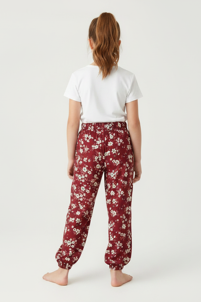 Pantalon Fluide Fille Fleuri Rouge Ample Confortable - Bordeaux Viscose - vue 2