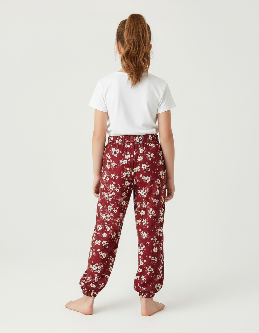 Pantalon Fluide Fille Fleuri Rouge Ample Confortable - Bordeaux Viscose - vue 2