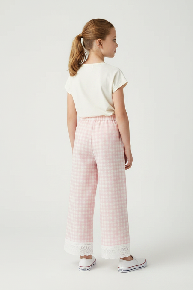 Pantalon Fluide Carreaux Vichy Rose Ample Enfant - Coton - vue 2