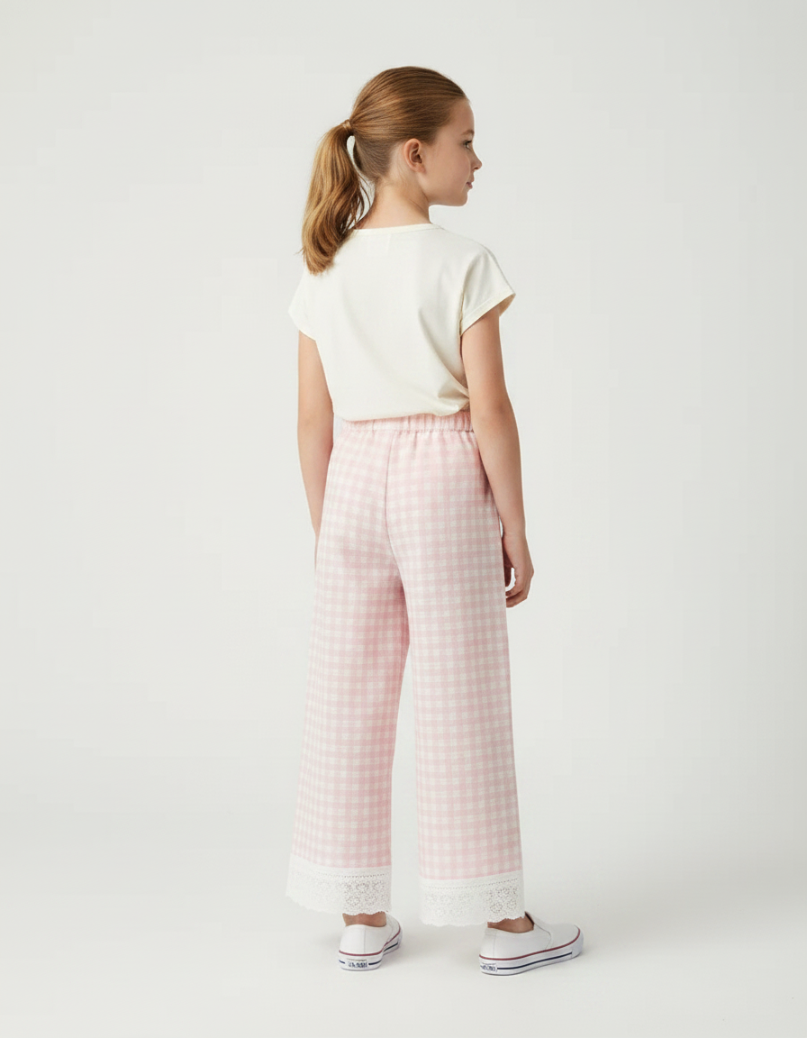 Pantalon Fluide Carreaux Vichy Rose Ample Enfant - Coton - vue 2