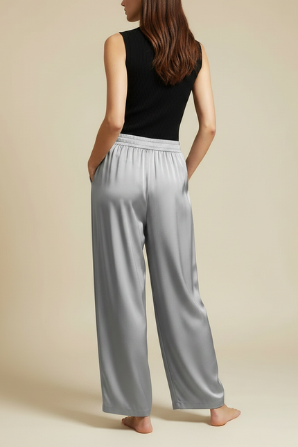 Pantalon Fluide Gris Satiné Ample Décontracté Long - vue 2