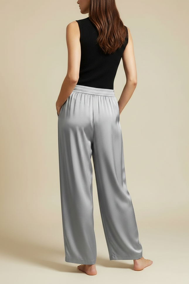 Pantalon Fluide Gris Satiné Ample Décontracté Long - vue 2