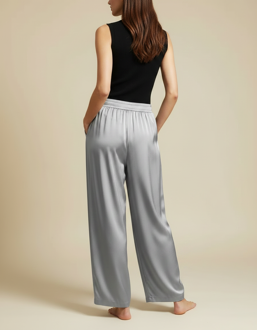 Pantalon Fluide Gris Satiné Ample Décontracté Long - vue 2