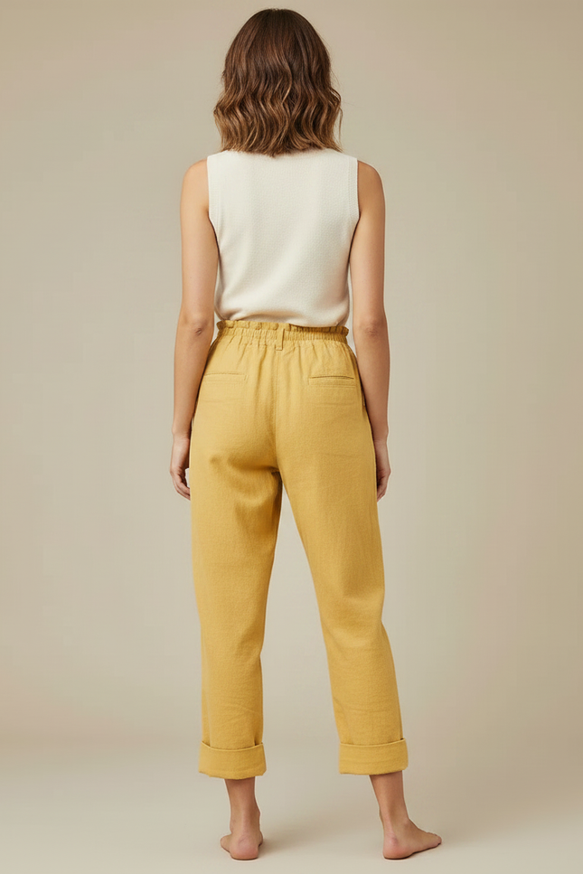Pantalon Fluide Jaune Moutarde Coton Lin Ample Décontracté - vue 2