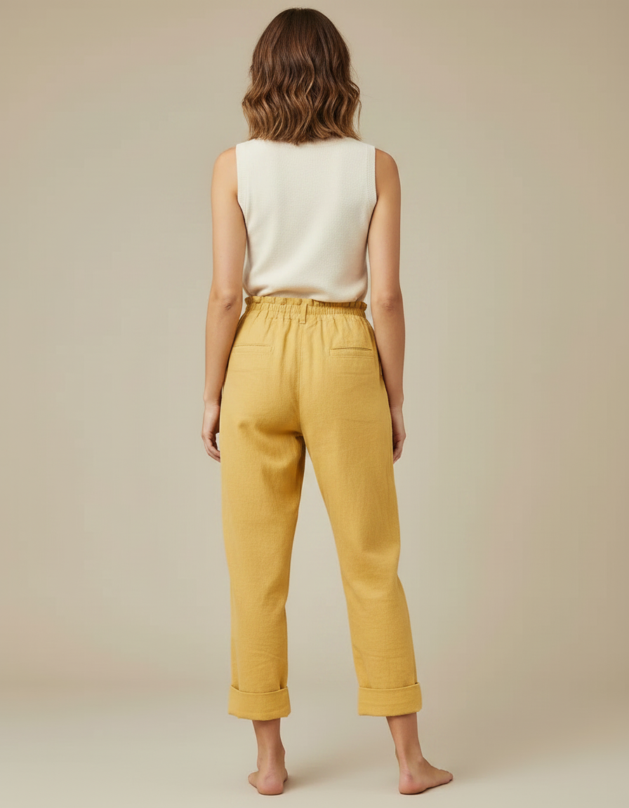 Pantalon Fluide Jaune Moutarde Coton Lin Ample Décontracté - vue 2