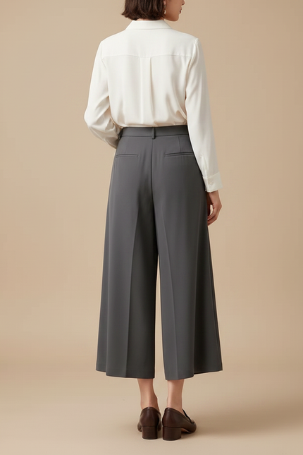 Pantalon Fluide Gris Ample Élégant Taille Haute Femme - Polyester - vue 2